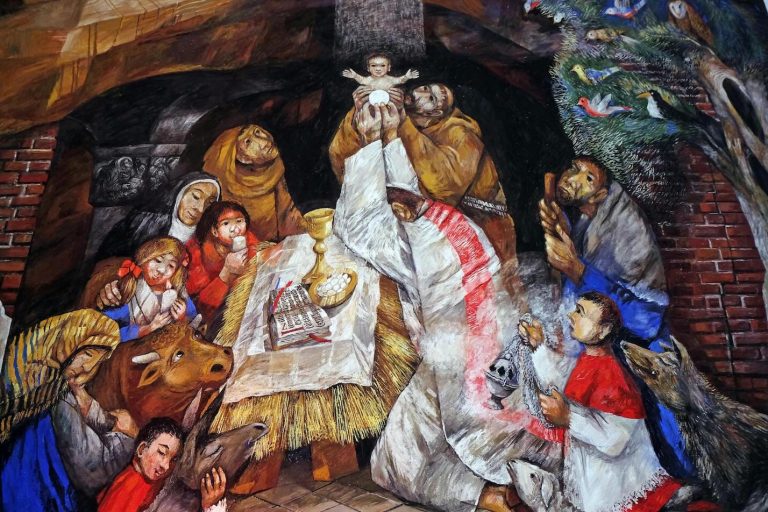 P6H9PW St. Francis celebrates Christmas in Greccio fresco by Sieger Koder in the Chapel of St. Francis in Ellwangen, Germany